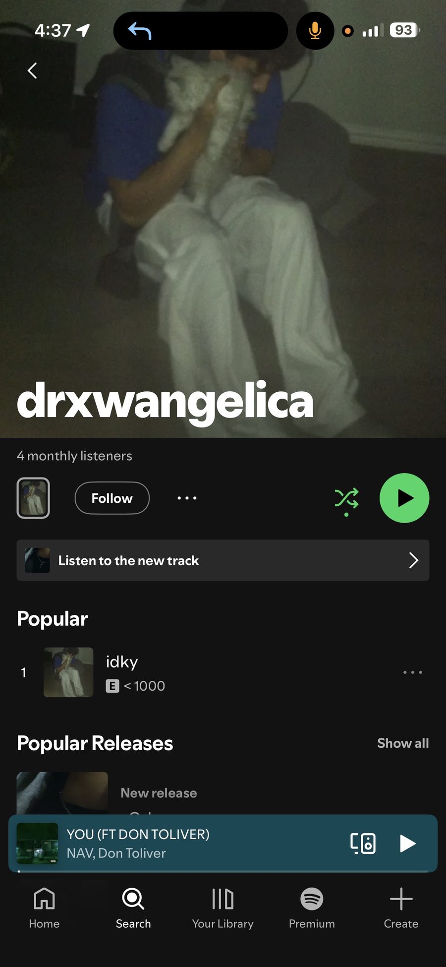 Spotify artist profile for drxwangelica showing 4 monthly listeners